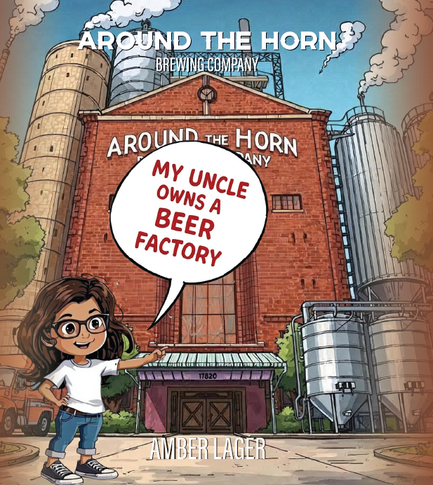 Illustration of a person in front of a beer factory with 'Around the Horn Brewing Company' branding.