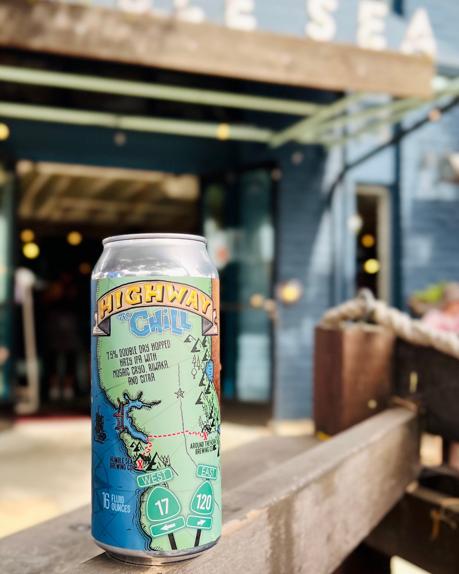 Can of HIghway to Chill at the entrance to Humble Sea's taproom