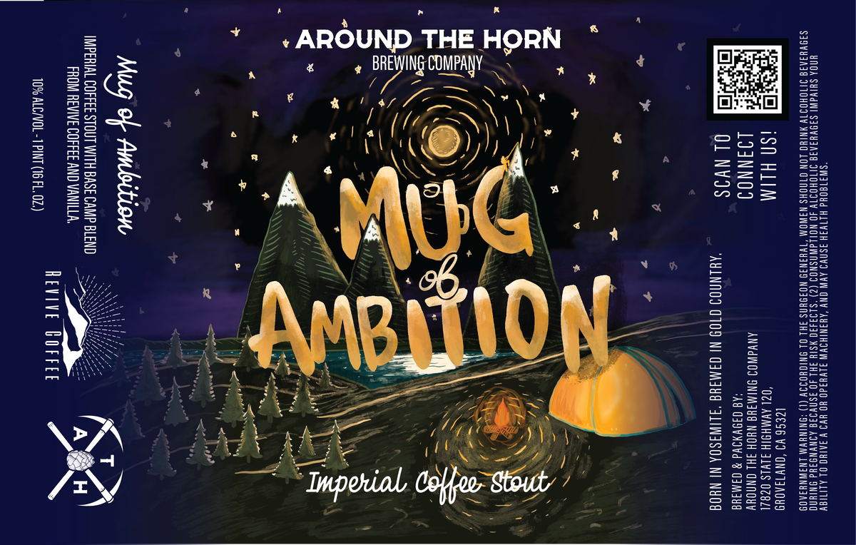Front label artwork for Around the Horn Brewing Company's 'Mug of Ambition' Imperial Coffee Stout, featuring a stylized night sky with stars, pine trees, a glowing moon, and a large orange tent